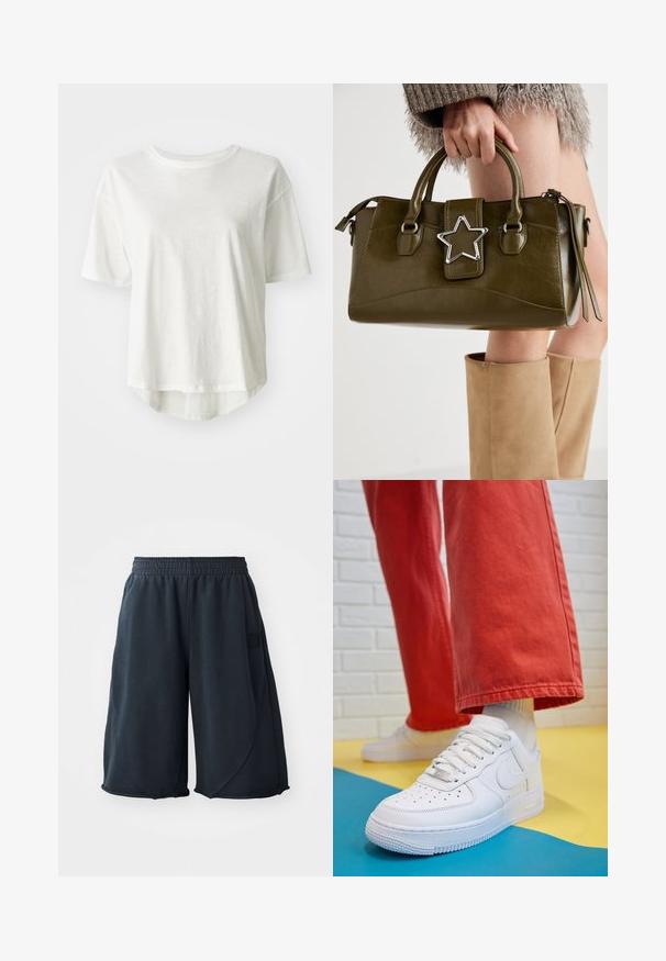 Balta trumpa rankovėmis marškinėliai, apvali iškirptė, lengvas audinys, šiek tiek ilgesnis nugaros kraštas, lygus paviršius su subtiliu blizgesiu.; Juodos sportinės šortai iš minkštos medžiagos, su elastinga juosmens juosta ir logotipo etikete šone. Lygi tekstūra, laisvas kirpimas.; Baltos odinės kedų sportbačiai su perforuotu pirštu, tekstūruota pado dalimi ir baltais raišteliais, derinami su plačiomis raudonomis kelnėmis ir mėlynos bei geltonos spalvų fono kompozicija.; Alyvuogių žalios spalvos dirbtinės odos rankinė su sidabro žvaigždės akcentu, dviem rankenomis ir užtrauktuko uždarymu. Tekstūruotas paviršius ir struktūrizuota forma.