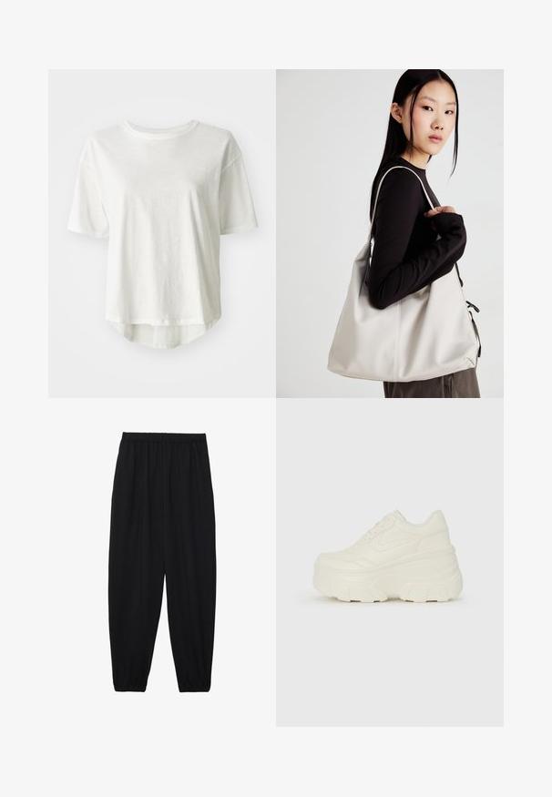 Weißes T-Shirt mit kurzen Ärmeln, runder Ausschnitt, leichtes Material, etwas längerer Rückensaum, glatte Textur mit einem subtilen Glanz.; Schwarze, leichte Hosen mit einem elastischen Bund und gerafften Knöcheln. Der Stoff ist glatt und hat ein entspanntes, schmal zulaufendes Design.; Weiße Platform Sneakers mit einem glatten, lederähnlichen Obermaterial, abgerundeter Form, gepolstertem Kragen und strukturierten Gummisohlen mit ausgeprägten Stollen.; Beige Handtasche aus weichem Material, mit einem lässigen Design, gesteppten Details und zwei Schulterriemen. Geeignet für den täglichen Gebrauch.