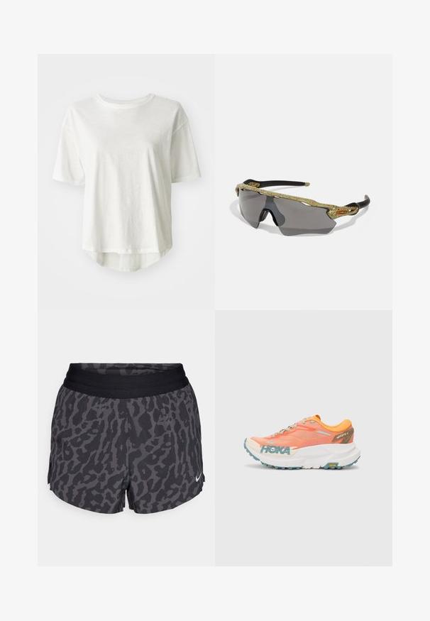 White short-sleeve t-shirt, round neckline, lightweight material, slightly longer back hem, smooth texture with a subtle sheen.; Black and gray leopard print shorts with a wide elastic waistband, featuring a subtle sheen and a small white Nike logo on the lower right.; Orange and pink running shoe with mesh upper, white midsole, Vibram outsole, and light blue accents. Features HOKA branding on the side.; Sport sunglasses with a green patterned frame, black arms, and gray lenses. The design features a wraparound style with a bold, sporty shape.