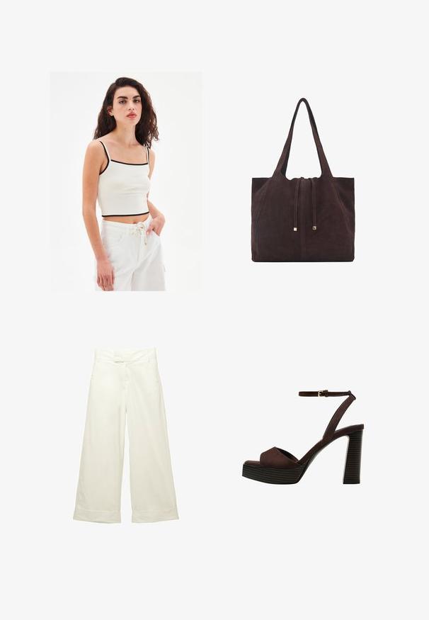Biała krótka bluzka topowa z kwadratowym dekoltem i cienkim czarnym wykończeniem. Modelka łączy ją z białymi spodniami na sznurek. Gładka faktura materiału.; Szerokie spodnie w miękkim, kremowym materiale. Posiadają płaski pas i podwinięte mankiety. Gładka tekstura z czystym, minimalistycznym wzornictwem.; Brązowe zamszowe sandały na wysokim obcasie z odkrytymi palcami, regulowanym paskiem na kostce i paskowatą podeszwą.; Mango - Torba na zakupy