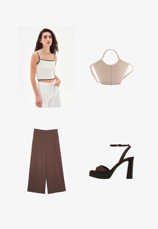 Vit kort cropped tanktop med fyrkantig u-ringning och smal svart kant. Modellen matchar den med vita byxor med dragsnöre. Slät tygtextur.; Bruna vida byxor med en slät textur, som har hög midja och framfickor. Tyget är lätt och flödar löst.; Bruna mocka högklackade sandaler med öppen tå, justerbar vristrem och en randig plattformssula.; Beige läderhandväska med en unik form, med två korta handtag och ett långt justerbart axelband. Slät textur med minimal hårdvara.