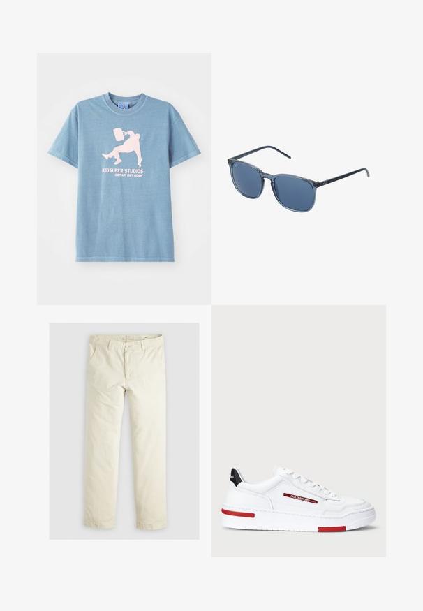 Lichtblauwe katoenen t-shirt met ronde hals, korte mouwen en een bedrukt grafisch ontwerp in het roze met een persoon die een emmer vasthoudt.; Lichtbeige losse broek met drie zakken, riemlussen en een recht model. Gemaakt van een zachte katoenmix.; Witte lage sneakers van gladleer, met rode en zwarte accenten, gestikte details en een dikke witte zool.; Blauwe rechthoekige zonnebril met grijs getinte lenzen, kunststof montuur, metalen accenten en een matte afwerking op de pootjes.