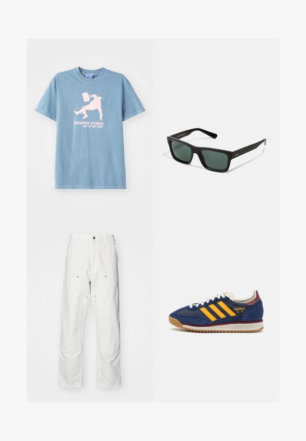 Svetlo modré bavlnené tričko s okrúhlym výstrihom, krátkymi rukávmi a potlačou v ružovej farbe, na ktorej je zobrazená osoba s vedrom.; Biele bavlnené cargo nohavice s voľným strihom. Medzi vlastnosti patrí predné vrecká, zlaté detaily a zosilnené kolenné časti.; Námorné semišové tenisky so žltými pruhmi, bielymi šnúrkami a vínovými akcentmi. Textúrovaná podrážka so zarezmi pre trakciu. Logo značky na boku.; Čierne obdĺžnikové slnečné okuliare so zelenými sklami, matným povrchom, rovnými ramenami a logom Ray-Ban na boku.