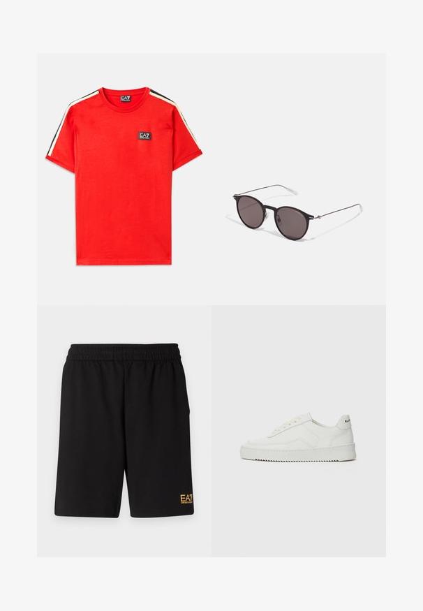 Raudona medvilninė marškinėliai su apykakle, su mažuoju juodu EA7 logotipu krūtinėje ir kontrastingomis juodomis bei smėlinėmis juostelėmis ant rankovių.; Juoda sportinė šortai, pagaminti iš minkštos medžiagos, su elastingu diržu ir maža geltona EA7 logo apatinėje kairėje kojoje.; Balti odiniai sportiniai bateliai su lygia apdaila, apvaliu pirštu, plokščiais raišteliais ir tekstūruotu padu. Pasižymi subtiliu logotipu ant kulno.; Juodos apvalios saulės akinių su tamsiais lęšiais ir plonomis metalinėmis šakomis. Įtraukti skaidrūs šventyklų galai ir sidabriniai akcentai vyrio srityje. Minimalistinis dizainas.