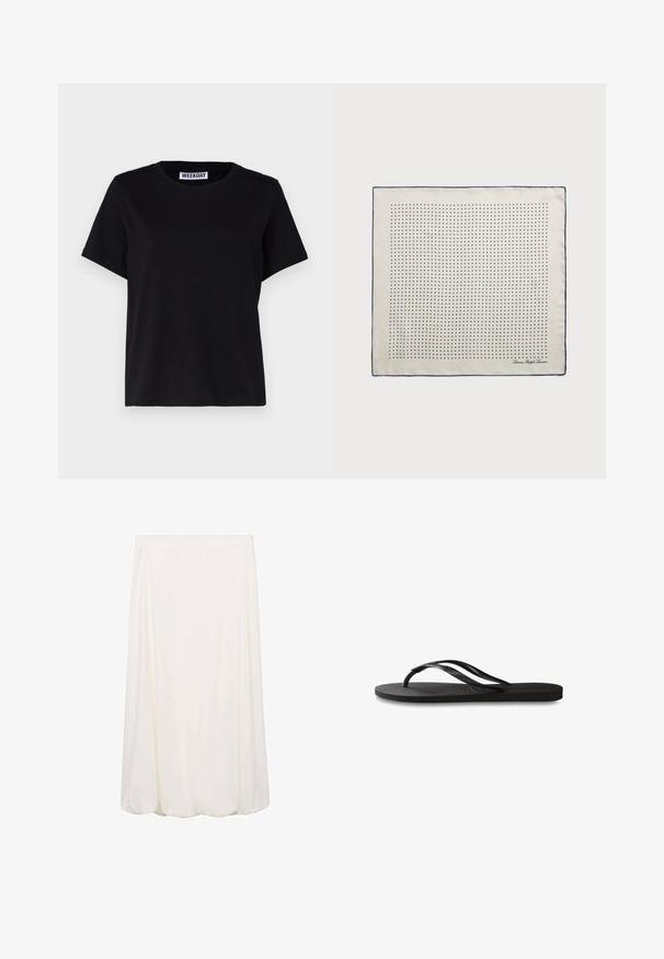 Black short-sleeve t-shirt made of cotton. Features a crew neckline and relaxed fit. Label reads “WEEKDAY” at the collar.; White, knee-length skirt with a flowing design and soft texture. Simple style with no visible patterns or hardware details.; Black flip-flop featuring a textured rubber sole, two slender straps, and a subtle, embossed logo detail on the strap.; Silk scarf in cream with a navy border, featuring evenly spaced navy dots forming a pattern. Signature printed in the corner.