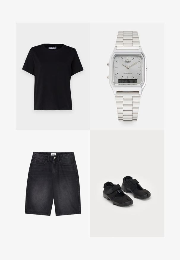 Schwarzes T-Shirt mit kurzen Ärmeln aus Baumwolle. Verfügt über einen Rundhalsausschnitt und einen lockeren Schnitt. Das Etikett trägt die Aufschrift „WEEKDAY“ am Kragen.; Schwarze Denim-Shorts mit klassischem Design. Verfügt über fünf Taschen, einen vorderen Knopfverschluss und eine Steppnaht. Glatte Textur und gerader Schnitt.; Schwarze Wasserschuhe aus flexiblem Stoff mit einem Klettverschluss, ausgestattet mit einem einzigartigen Zehentrenndesign und einer strukturierten Gummisohle für besseren Halt.; Silberne Casio Quarzuhr mit rechteckigem Ziffernblatt, analogem und digitalem Display, Edelstahlarmband und wasserdichten Eigenschaften.