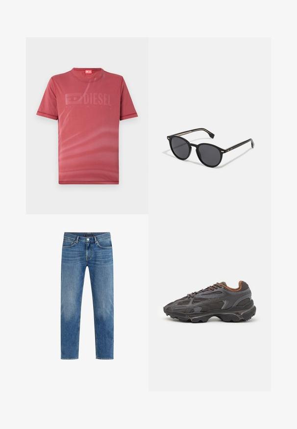 Rød kortermet T-skjorte laget av glatt stoff med en subtil, preget "DIESEL"-logo på forsiden. Rund halslinning og sømmer.; Lyse blå denimjeans med rett ben-design, falmet vask, fem-lomme stil, kontrasterende søm og front knappelukking.; Lacoste-sneakers i mørkegrått med mesh- og syntetisk materiale, med en teksturert såle og brune detaljer på kragen og merket.; BOSS Solbriller - black