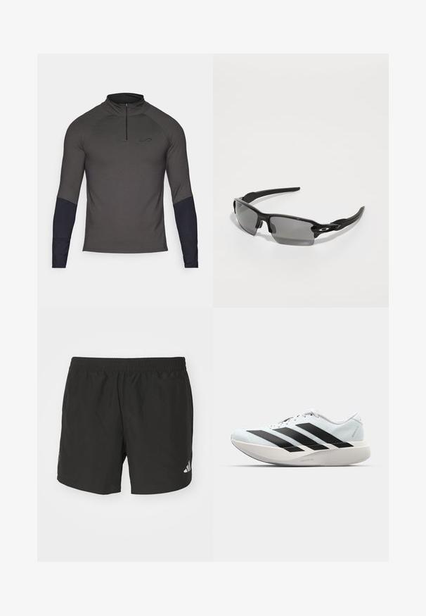 Endless EPIC - Ilgarankovis viršutinės dalies drabužis - titanium; Juodi sportiniai šortai su elastinga juosmena, šoninėmis plyšiais ir atspindinčiais logotipais. Pagaminti iš lengvos, lygaus audinio.; Lengvi bėgimo batai šviesiai mėlynos spalvos su juodomis juostelėmis. Yra lygus viršus, apvalus pirštas ir storas baltas vidpadis su užrašu "LIGHTSTRIKE PRO."; Juodi sportiniai saulės akiniai su pilkais objektyvais, lenkta rėmo konstrukcija ir logotipu ant šono. Pagaminti iš lengvos plastikinės medžiagos.