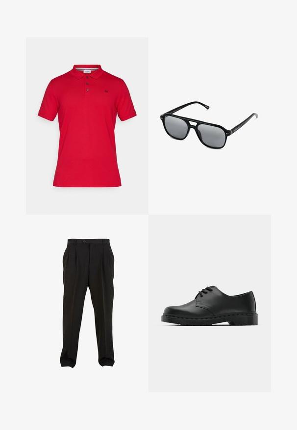 Červená bavlněná polo košile s límečkem, třemi knoflíčky, krátkými rukávy a malým vyšitým logem na levé hrudi.; Černé kalhoty z hladké tkaniny, se zapínáním na tlačítko v pase, předními sklady a zúženými manžetami u kotníků. Klasický elegantní střih.; Černé kožené oxfordy s šněrováním, zakulacenou špičkou, plochou gumovou podrážkou a jemným prošíváním podél svršku.; Černé sluneční brýle s obdélníkovými rámy, šedými tónovanými skly a designem s výřezem ve střední části. Hladký, lesklý plastový materiál, s úzkými stranami.