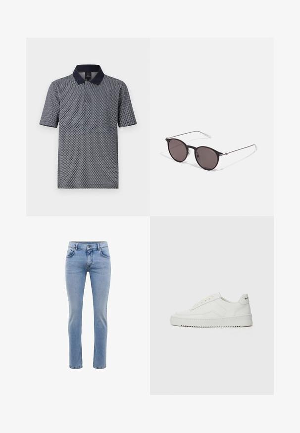 Kortermet polo skjorte i marineblå med geometrisk mønster, med en ensfarget marineblå krage og knappestolpe. Stoffet virker glatt og lett.; Lyseblå denimjeans med slim fit, fem lommer og rett bendesign. Har glidelås og beltehemper. Myk tekstur.; Hvite lærersneakers med en jevn overflate, rund tå, flate lisser og en teksturert såle. Har en subtil logo på hælen.; Sorte, runde solbriller med mørke linser og slanke metalarmer. Inkluderer klare temple tips og sølvfargede detaljer ved hengslet. Minimalistisk design.