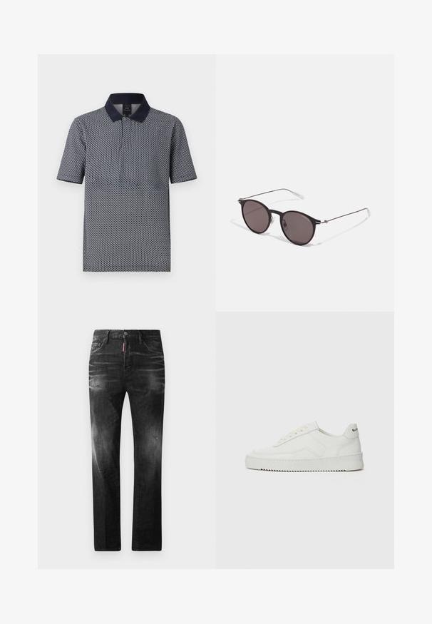 Poloko s krátkym rukávom v námorníckej modrej farbe s geometrickým vzorom, s jednofarebným námorníckym golierom a radom gombíkov. Tkanina vyzerá hladká a ľahká.; Čierne denimové džínsy so štandardným strihom. Obsahujú vyblednuté oblasti, drobné opotrebenie, klasický dizajn s piatimi vreckami a zapínanie na gombík.; Biele kožené tenisky s hladkým povrchom, okrúly špičkový dizajn, ploché šnúrky a textúrovaná podrážka. Obsahujú jemné logo na päte.; Čierne okrúhle slnečné okuliare s tmavými sklami a tenkými kovovými ramenami. Obsahujú priehľadné konce rámov a strieborné akcenty na pántoch. Minimalistický dizajn.