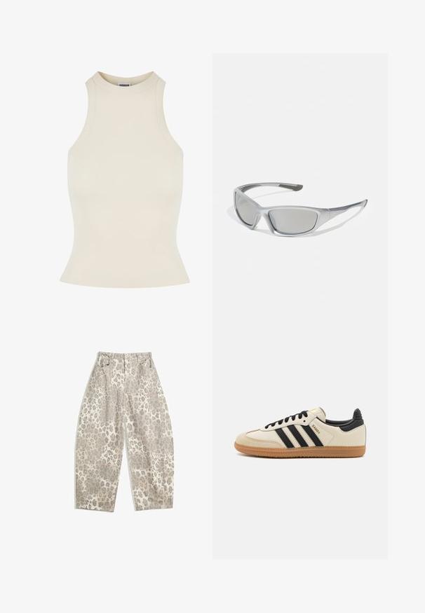 Ženský svetločokoládový bezrúškový top s ryhovaným vzorom a vysokým golierom, prispôsobený pre maximálne pohodlie, vyrobený z mäkkého a elastického materiálu.; Nohavice s leopardím vzorom v svetlo béžovej farbe s vysokým pásom, širokými nohami a dvoma prednými vreckami. Vyrobené z hladkej tkaniny.; Béžová športová obuv s čiernymi pruhmi, gumovou podošvou a čiernymi akcentami. Má hladký kožený zvršok a zaoblený dizajn prstov.; Sivé slnečné okuliare so štíhlým, ľahkým plastovým rámom. Obsahujú tónované sivé šošovky a textúrované bočné detaily pre lepšiu priľnavosť.; Čierna a strieborná taška adidas s hladkým povrchom, s lesklým nitovaným vzorom a výrazným zakriveným dizajnom.