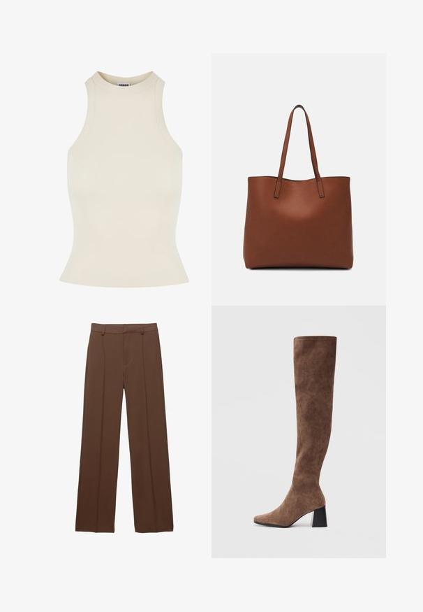 Rebrasti bezrukavnik u svijetloj bež boji s visokim izrezom i prilagođenim oblikom, izrađen od mekanog, rastezljivog materijala za udobnost.; Smeđe široke hlače izrađene od glatke tkanine; imaju obložene prednje nabore i ravni pojas s petljama za remen.; Smeđe čizmice do koljena od mekane brušene kože s oštrim vrhom i debelim crnim potplatom. Dizajn uključuje neprekidno šivanje za elegantan izgled.; Smeđa kožna torba preko ramena s glatkom teksturom, otvorenim vrhom i dvjema naramenicama. Ima minimalne šavove i nema vidljivog hardvera.