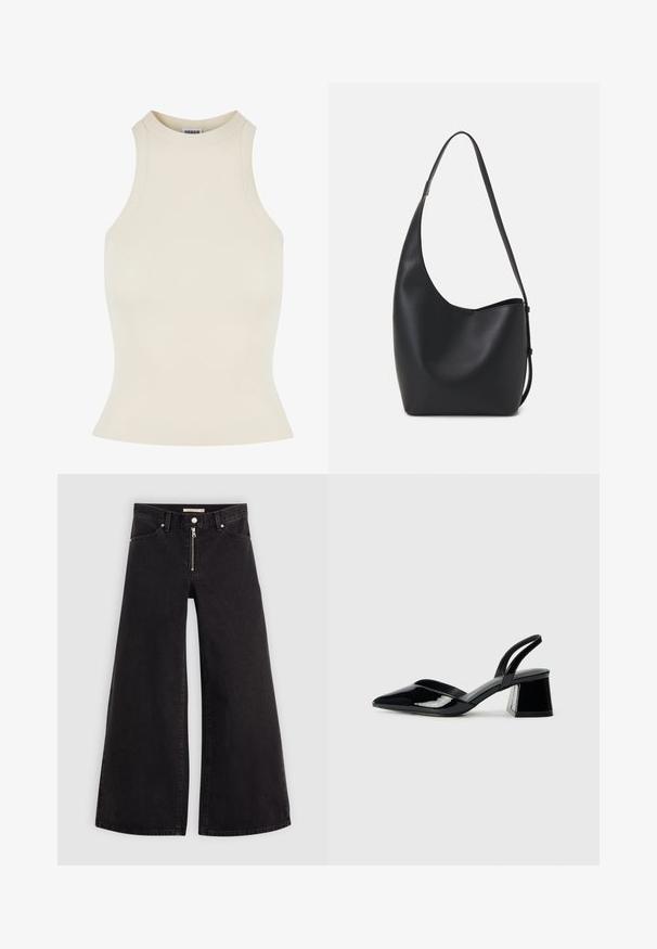 Top sin mangas de canalé en color beige claro con cuello alto y forma ajustada, confeccionado en un material suave y elástico para mayor comodidad.; Jeans de pierna ancha en denim negro con cierre frontal, diseño de cinco bolsillos y detalles de costura sutiles. Textura suave y estilo casual.; Zapatos de tacón slingback de charol negro con punta afilada y tacón geométrico en bloque. Presentan un diseño elegante y minimalista, así como una textura suave.; Bolso tipo hobo de cuero negro con una textura suave, forma curvada y una sola correa ajustable; presenta una amplia apertura en la parte superior.