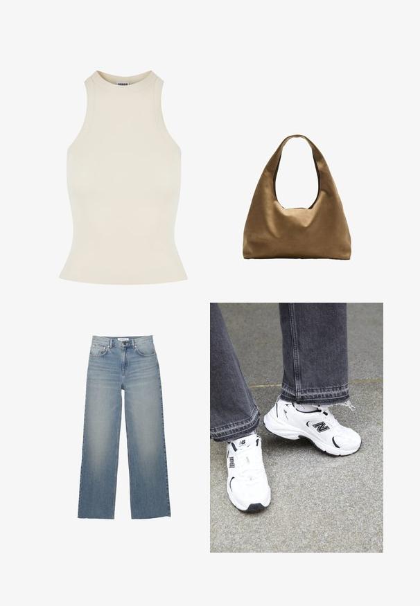 Ribbed sleeveless top in light beige with a high neck and fitted shape, made from a soft, stretchy material for comfort.; Light blue wide-leg jeans made of denim, featuring a high waist, front pockets, and a button closure. Smooth texture with faded areas.; White New Balance sneakers feature a mesh and synthetic upper with black accents. Worn with frayed hem gray jeans on a textured surface.; Brown fabric shoulder bag with a wide, rounded body and a large cutout handle. Soft texture, minimalistic design, and no visible hardware.