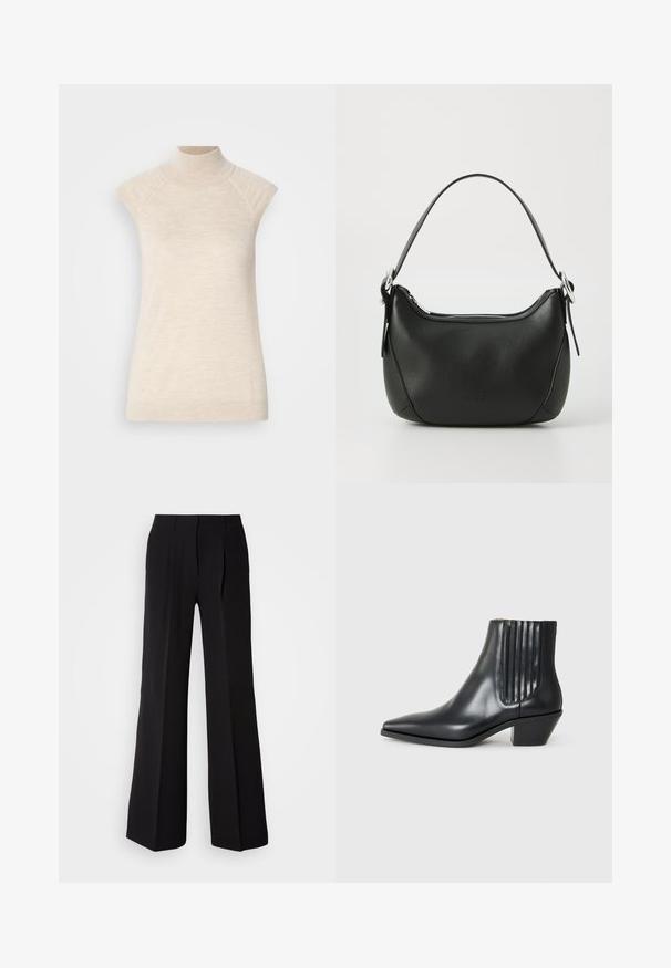 Beige top bez rukávů s vysokým límcem vyrobený z měkké, strukturované tkaniny. Má raglánové ramena a přiléhavý střih. Vhodný pro vrstvené outfity.; Černé kalhoty vyrobené z hladkého materiálu, s vysokým páskem, širokým střihem a dvěma předními sklady pro doplnění designu.; Černá kožená kotníková bota s špičatou špičkou, elastickými bočními panely s vertikálními drážkami a nízkým blokovým podpatkem. Hladká textura a elegantní design.; Černá kožená kabelka s zakřiveným tvarem, stříbrným zipem a krátkým uchem. Na přední straně se nachází nenápadné logo a má hladkou texturu.