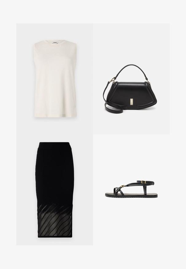 Sleeveless top in light beige fabric, featuring a round neckline and a relaxed fit. Smooth texture with no embellishments or patterns.; Black skirt with a ribbed texture, featuring a sheer bottom with horizontal stripes. The design is fitted, extending to mid-calf length.; Black leather sandals with thin straps and a buckled ankle strap. Flat sole with a textured finish and zigzag edge. Minimalist design.; Black leather handbag with a structured design, featuring a cropped shape, top handle, and gold hardware accent. Adjustable shoulder strap included.