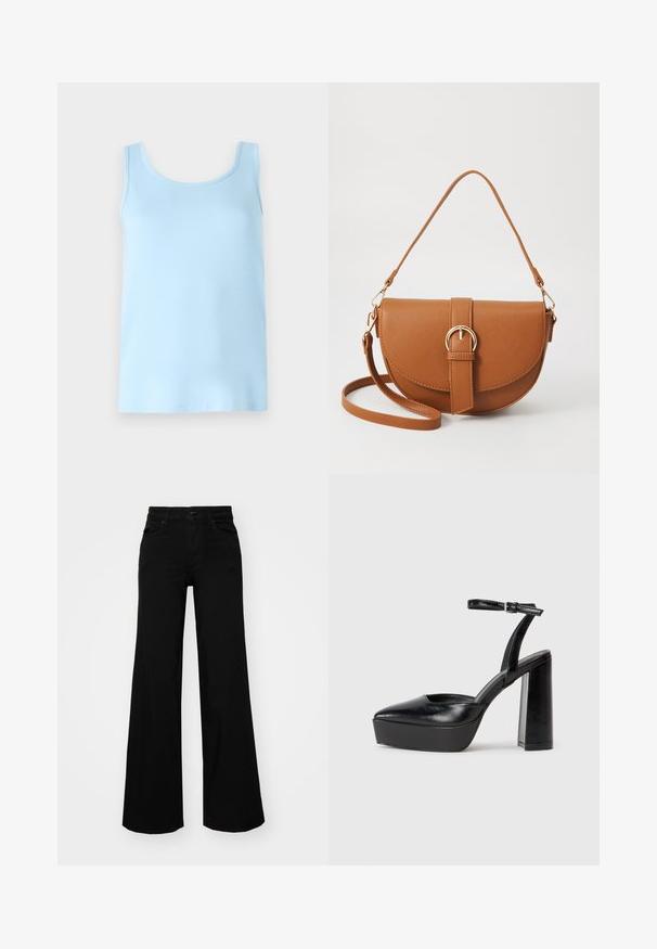 Himmelblaues, ärmelloses Tanktop aus weichem Stoff. Mit rundem Ausschnitt und geradem Saum, ohne zusätzliche Muster oder Akzente.; Schwarze weit geschnittene Hose aus Denim, mit einem strukturierten Bund, Gürtelschlaufen und Fronttaschen. Glatte Textur mit klassischem Design.; Schwarze Plateau-High Heels mit spitzem Zeh und verstellbarem Knöchelriemen. Gefertigt aus glattem Leder und mit einem klobigen Blockabsatz.; Braune Leder-Crossbody-Tasche mit geschwungener Form, goldfarbenen Beschlägen und einer Schnallenakzentuierung. Verfügt über einen abnehmbaren Schultergurt.