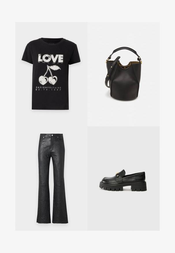 Juodas medvilninis marškinėliai su balta grafika, kurioje pavaizduotas žodis "MEILĖ" ir dvi vyšnios širdies pavidalu, taip pat prekės ženklo tekstas ir data.; Juodos odinės platėjančios kelnės su subraižyta tekstūra, aukšta juosmens linija, priekinių kišenių ir klasikine mygtukų uždarymo sistema su užtrauktuku.; Juodi odiniai loafers batai su masyviu padu, papuošti auksiniu akcentu priekyje ir lygiu paviršiumi. Masyvi protektoriaus dizaino išvaizda padais.; Juodas odinis kibiro tipo krepšys su tekstūruotu paviršiumi, auksiniais detalėmis ir atvira viršūne. Yra trumpa rankena ir reguliuojama petneša.