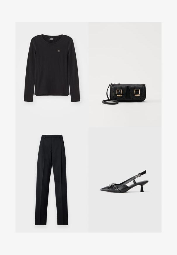 Fekete, hosszú ujjú felső, puha anyagból készült. Kerek nyakkivágással és egy kis logóval a bal mellen. Simább textúra, laza szabás.; Fekete nadrág sima anyagból, magas derékkal, széles lábakkal, elülső redőkkel és klasszikus övhurkokkal. Oldalzsebek nem láthatók.; Fekete bőr slingback cipő hegyes orral, dekoratív pántokkal, fém szemekkel és alacsony blokk sarkú. Texturált felület.; Fekete bőr keresztbody táska két elülső zsebbel, arany csattokkal, cipzáras záródással és vékony pánttal. Textúrált felület és kompakt téglalap alak.