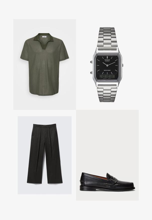 Olivno zelena kratkolinijska polo majica z žametno teksturo, V-izrezom in kontrastnim dizajnom ovratnika. Lahka tkanina z sproščenim krojem.; Črne široke hlače z gladko teksturo, ki imajo dva sprednja žepa in malo dvignjen pas.; Črne usnjene loafers čevlje z zaobljenim prstom, šivanimi detajli in okrasnim trakcem spredaj. Ravna podplat z minimalnim profilom.; Srebrna quartz ura iz nerjavečega jekla z črnim pravokotnim številcem, ki ima analogne kazalce, digitalni prikaz in oznako za vodoodpornost.