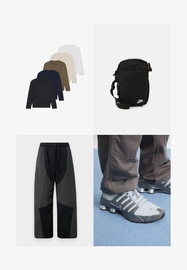 Pet izdelkov blagovne znamke so dolgi rokavi s prelivom barv: temno mornarsko, mornarsko, olivno zeleno, bež in belo. Vsak ima okroglo ovratnik in gladko teksturo.; Črne hlače z mehkim flisom in sproščenim krojem, ki imajo kontrastne temno sivo obarvane tkaninske panele ter nastavljiv pas z vrvico.; Sive in srebrne Nike Shox teniske imajo eleganten dizajn, z mrežastimi in sintetičnimi materiali, zaobljenim nosom in oblazinjenim ovratnikom.; Črn najlon crossbody nahrbtnik z nastavljivim pasom, zippered predelki in belim Nike logotipom spredaj. Gladka tekstura, pravokotna oblika.