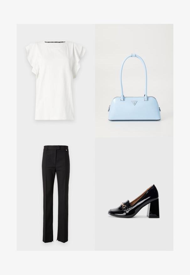 Witte katoenen t-shirt met fladdermouwen en een ronde halslijn. Subtiele branding aan de voorkant, zachte textuur en een casual pasvorm.; Zwarte op maat gemaakte broek met een rechte pijp, voorzien van een tailleband met een knoopsluiting en zijopeningen aan de onderkant.; Zwarte lakleren hoge hak met een spitse neus en blokhak. Bevat een decoratieve band en gespdetail op de wreef.; Lichtblauwe handtas met een gestructureerde vorm, van soepel leer, met twee handvatten en een driehoekig merklogo aan de voorkant. Met ritsluiting.