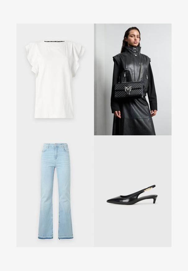 Hvit bomull t-skjorte med flagrende ermer og rund halslinning. Subtil branding på forsiden, glatt tekstur og ledig passform.; Lyseblå flagrende jeans laget av denim, med høy midje, frontlommer og rå kant ved mansjettene for et uformelt utseende.; Sorte lærreim hæler med spiss tå, som har en slank hæl og en gullfarget detalj på den justerbare stroppen. Glatt tekstur.; Svart skinnvest med høyt krage, glidelås-lommer og en svart kviltet håndveske med sølvdetaljer, brukt sammen med et langt svart skjørt.
