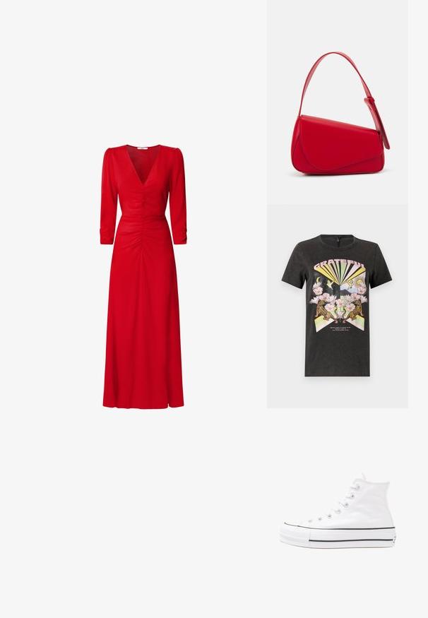 Melna kokvilnas T-kreklā ar krāsainu grafiku, kurā attēloti tīkli, ziedi un ģeometriskas formas. Teksts "GRATEFUL" ir izcili izcelt.; Sarkana kleita ar V veida kakla izgriezumu, trīs ceturtdaļu piedurknēm un ruched detaļām viduklī un mugurā. Audums izskatās gluds un viegls.; Balti augstie kanvas sporta apavi ar melnu gumijas zoli, priekšējo gumijas purngalu un sešām acīm lencēm, kuriem ir tīrs, minimālistisks dizains.; Sarkans ādas rokassomi ar stūrainu, ģeometrisku dizainu. Iekļauj vienu regulējamu siksnu un vāku ar izšūtu detaļu.