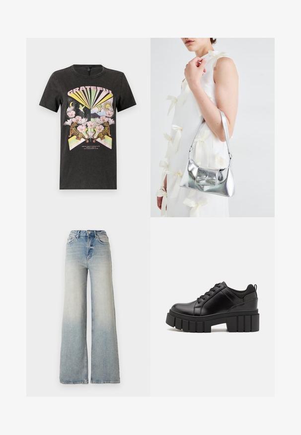 Camiseta de algodón negra con un gráfico colorido que incluye tigres, flores y formas geométricas. El texto "AGRADECIDO" está destacado de manera prominente.; Jeans de mezclilla de tiro alto y pierna ancha en color azul claro, con cinco bolsillos y costuras visibles a lo largo de las costuras.; Zapatos de plataforma de cuero negro con un tacón cuadrado grueso, punta redonda y diseño tradicional de cordones. Presenta una textura suave y un detalle minimalista.; Bolso de mano metálico plateado con forma estructurada, que presenta un asa superior y un detalle de lazo en el frente. Textura suave y acabado reflectante.