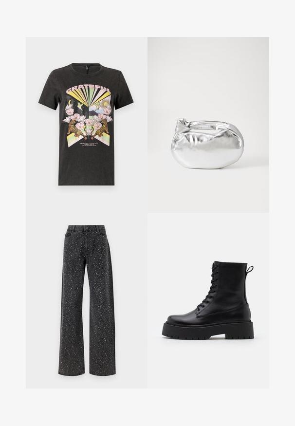 Musta puuvillapaita, jossa on värikäs grafiikka, jossa on tiikereitä, kukkia ja geometrisia muotoja. Teksti "KIITOLLINEN" on näkyvästi esillä.; Noisy May NMJANNEL LOOSE - Relaxed fit -farkut - black denim; Musta nahkainen nilkkureita, joissa on pyöreä kärki, nauhakiinnitys edessä ja paksu kumipohja, jossa on teksturoitu pinta. Takana vetotappi.; Hopeapintainen metallinen pussilaukku, jolla on pehmeä, pyöreä muoto ja solmittava yläosa. Valmistettu sileästä tekonahkamateriaalista.; Hopehope hopeilla, joissa on minimalistinen muotoilu. Pyöreä muoto, sileä pinta ja ohut profiili. Kevyet ja kiillotetut.