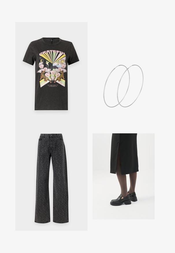Svart bomulls-t-shirt med en färgglad grafik med tigrar, blommor och geometriska former. Texten "TACKSAM" är tydligt synlig.; Noisy May NMJANNEL LOOSE - Jeans relaxed fit - black denim; Svarta läderskor med rund tå, tjock klack utan häl och elastiska sidodetaljer, kombinerat med mörka strumpbyxor och en svart kjol med slits.; Silverfärgade hoopörhängen med en minimalistisk design. Cirkulär form, slät yta och tunn profil. Lätta med en polerad finish.
