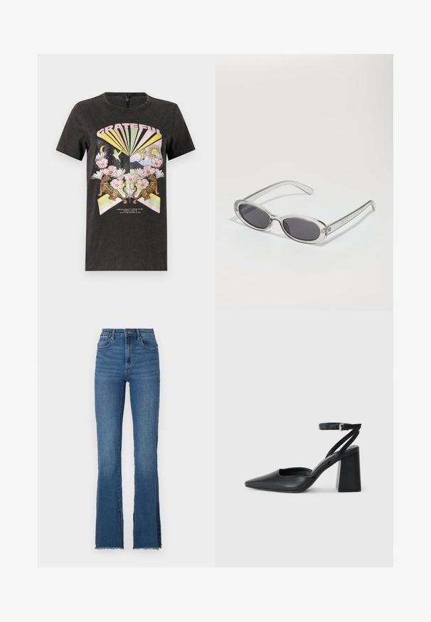 Black cotton t-shirt featuring a colorful graphic with tigers, flowers, and geometric shapes. The text "GRATEFUL" is prominently displayed.; Flared blue denim jeans with a high waist, featuring a frayed hem and five pocket design. Smooth texture with subtle fading.; Black leather pointy-toe pump with an ankle strap and a chunky heel. Flat texture, sleek design, and minimalistic aesthetics.; Sunglasses with an oval shape, clear plastic frame, dark gray lenses, and thin transparent arms featuring logo accents and minimal detailing.