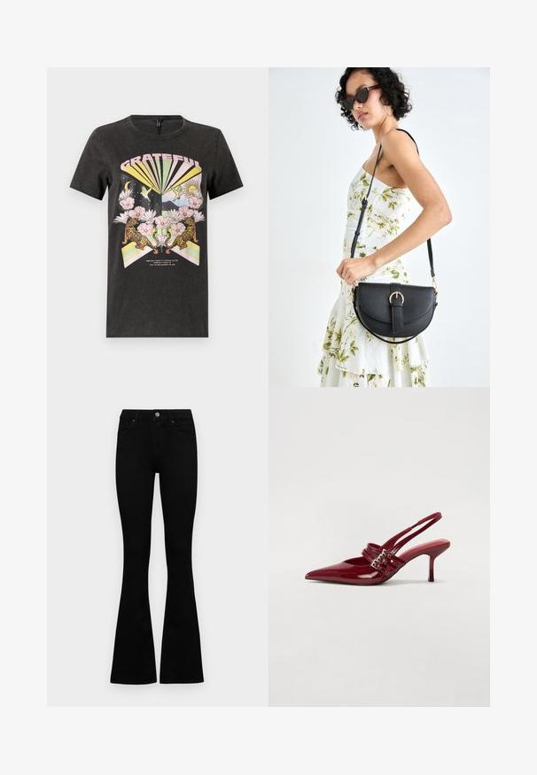 Svart bomull T-skjorte med en fargerik grafikk med tigre, blomster og geometriske former. Teksten "GRATEFUL" er tydelig vist.; Sorte høytlivsjeans med knapp og glidelås, frontlommer og utsvingte bein liggende flatt på en hvit bakgrunn.; Røde patentleder slingback hæle med spids tå, to spænde stropper og en slank, mellemhøj stiletto hæl. Glat tekstur.; Svart lærveske med en buet form, avtagbar stropp og gullbeslag. Vesken har et klaff med spenne-detall.