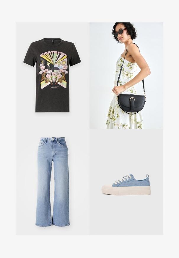 T-shirt de algodão preto com um gráfico colorido apresentando tigres, flores e formas geométricas. O texto "GRATO" está em destaque.; Jeans de cintura alta, de perna larga, em azul claro, com bolsos frontais e traseiros, fecho de botão e desbotamento subtil nas coxas e nas bainhas.; Ténis de lona azul claro com uma biqueira e sola de borracha creme, apresentando atacadores brancos e uma alça na parte de trás.; Bolsa de couro preta com forma curva, alça destacável e detalhes em dourado. A bolsa possui uma aba com detalhe de fivela.