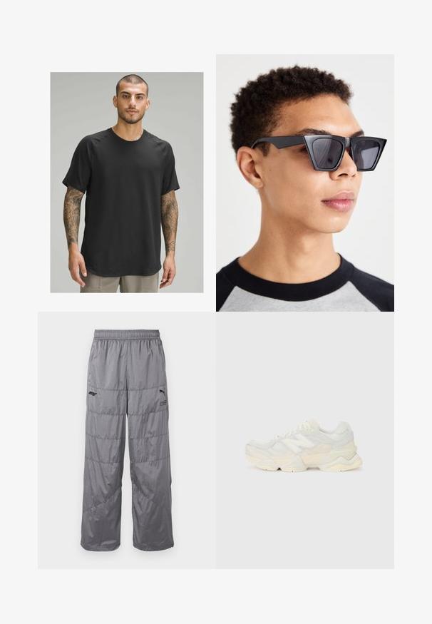 Juodas trumpas rankovėmis sportinis marškinėliai su apvalia iškirpte, tekstūruotas audinys ir raglan tipo rankovės, vilkimas modelio su tatuiruotėmis.; Pilkos pūkų kelnės su elastingu juosmeniu, turinčios siuvinėjimo linijas ir mažą juodą logotipą kairėje šlaunyje. Lengvas audinys.; Lengvas sportinis batelis su tinklinio ir zomšinės viršutine dalimi švelniu kremo atspalviu, turi masyvų pado dizainą ir trimatį akcentą.; Juodos kampinės saulės akinių su tamsiais objektyvais, pasižyminčių drąsiu geometriniu dizainu ir matinio paviršiaus apdaila. Juos nešioja žmogus su trumpais plaukais.