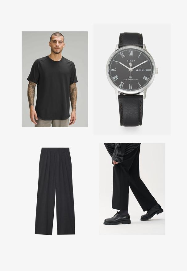 Melns īsām piedurknēm sporta krekls ar apaļu kaklu, teksturēta auduma un raglanu piedurknēm, ko valkā modelis ar tetovējumiem.; Platas piegriezuma bikses no tumši pelēka auduma. Iezīmes - izgriezumi jostasvietā, veidota forma un taisna silueta.; Melni ādas apavi ar noapaļotu purngalu, aukliņu dizainu un biezu, teksturētu zoli. Valkāti ar piegrieztām melnām biksēm un ribotu džempera.; Melnas ādas siksniņas pulkstenis ar apaļu sudraba korpusu, pelēku ciparnīcu, baltām romiešu ciparu zīmēm un datuma rādītāju, kas norāda uz trešdienu.