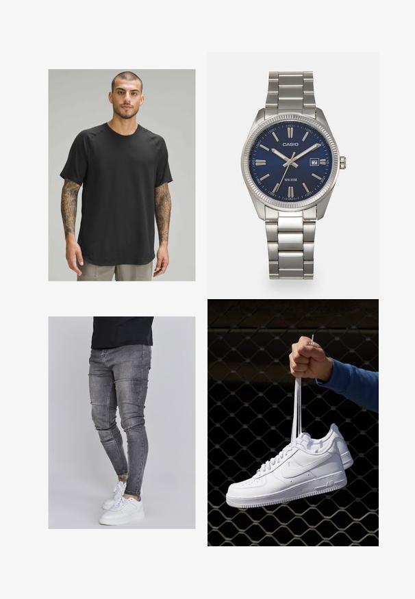 Fekete, rövid ujjú sportpóló kerek nyakkal, texturált anyagból és raglán ujjal, tetovált modelleken viselve.; Fakó szürke farmerből készült skinny farmernadrág, térdén kopott részletekkel, fehér sportcipővel párosítva. Simább anyag, karcsú szabás.; Fehér bőr sportcipők perforációval, kerek orral, lapos talppal és vastag fűzőkkel, látható swoosh logóval és "AIR" felirattal a sarokrészen.; Ezüst színű rozsdamentes acél karóránk sötétkék számlapja van, fém óraszámlálókkal és egy dátumablakkal a 3 órás pozícióban. 50 méterig vízálló.