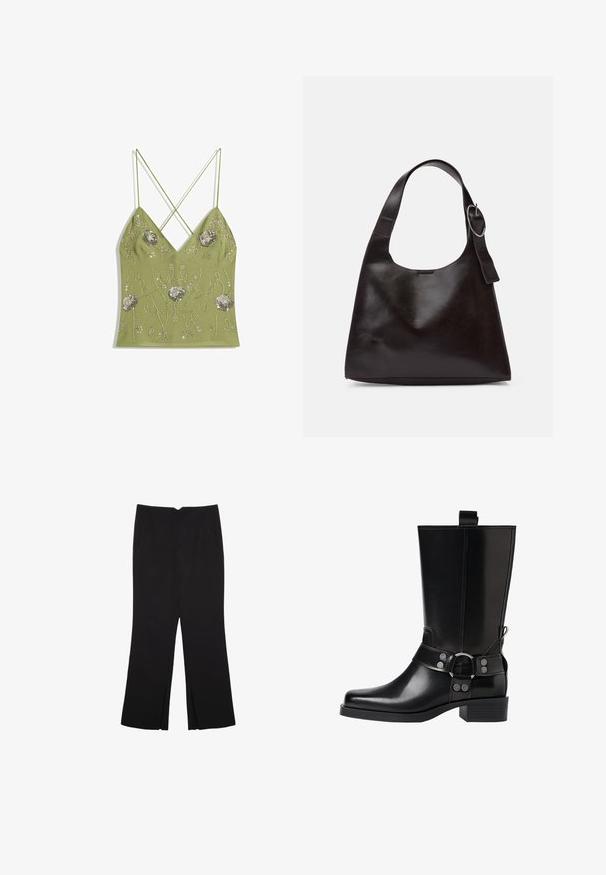 Olivno zelena kamizola z V-izrezom, nastavljive križne naramnice, okrašena s srebrnim cvetličnim vezenjem in bisernimi detajli.; Črne hlače ravnega kroja z naglavnimi žepi in stranskimi razporki na robu. Narejene iz mehke, gladke tkanine. Primerne za različne priložnosti.; Črne usnjene škornje do kolen s koničastim nosom, srebrnimi zaponkami in debelim peto. Imajo zanko za enostavno obuvanje.; Rjava usnjena torba za ramo z gladko teksturo, okroglo obliko, širokim trakom in krožno kovinsko akcenco na ročaju.