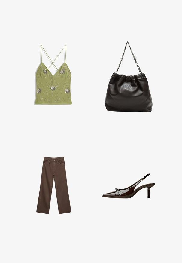 Olivově zelený top na ramínka s V-výstřihem, s nastavitelnými křížovými ramínky, zdobený stříbrnou květinovou výšivkou a korálkovými detaily.; Hnědé džíny s širokými nohavicemi vyrobené z denimu, s vysokým pasem, předními kapsami a klasickým zapínáním na knoflík. Hladká textura s jemným švem.; Hnědé lakované sandály s špičatou špičkou, nízkým podpatkem a dekorativní mašlí na přední části. Hladký, lesklý povrch.; Hnědá kožená taška se sbíraným vrškem a řetízkovým popruhem. Hladký povrch s lesklým finišem a jemným švem na bocích.