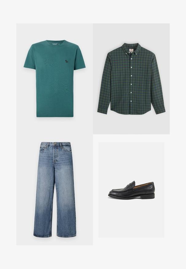 Tamsiai mėlyna medvilninė marškinėlių su trumpomis rankovėmis, apvaliu kaklu. Ant krūtinės yra mažas juodas logotipas, o medžiaga yra lygi ir minkšta.; Ilgųjų rankovių mygtukų marškiniai su žaliu, mėlynu ir geltonu languotumu, baltais mygtukais ir su mygtukais užsegamu apykakle.; Platus blekno džinsai su išblukusiu skalbimu, penkių kišenių dizainu ir mygtukų uždarymu. Įrengti diržo kilpomis ir siuvinėjimu.; Juodi odiniai loafersai su lygiu paviršiumi, apvaliu pirštu ir dekoratyvine siūlė viršuje. Žemas sustiprintas kulnas ir lengvas blizgesys.