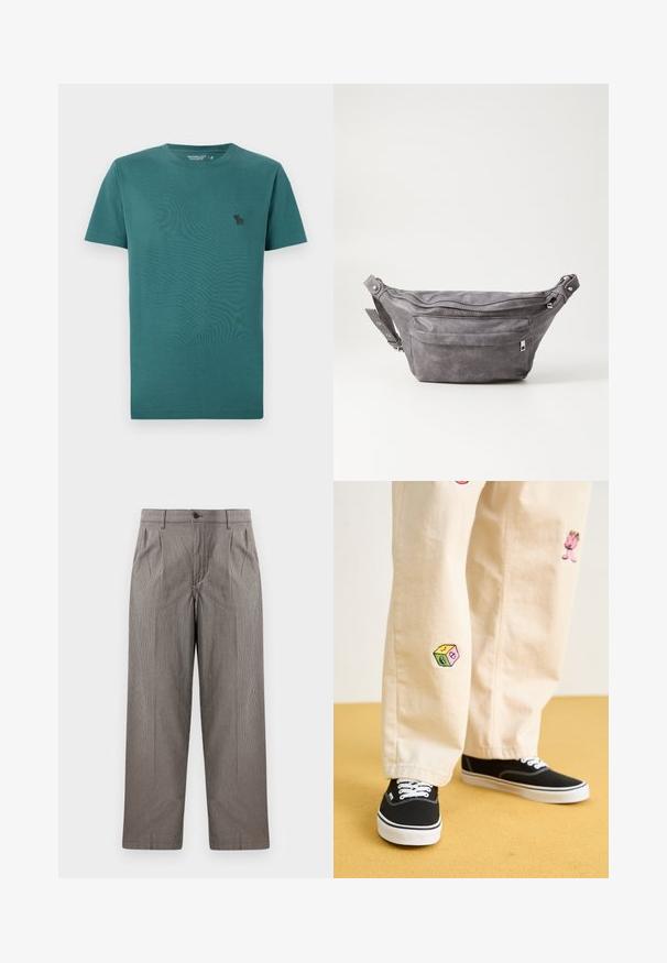 Kortermet t-skjorte med rund hals i teal bomull. Har en liten svart logo på brystet og en glatt, myk tekstur.; Grått hundetannsmønster bukser med rett ben-design, med folder, belte med knappelukking, og sidelommer.; Beige bomullsbukser med lekne broderte design, inkludert en rosa karakter og fargede blokker, kombinert med svarte snørebåndssko.; Grå semsket fanny pack med avrundet form, to glidelåslommer og justerbar stropp. Har metallbeslag som detaljer.