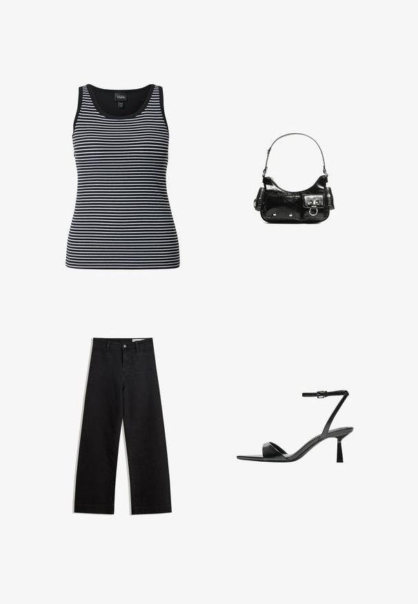 Černobíle pruhovaný top bez rukávů s širokými ramínky, žebrovanou strukturou a kulatým výstřihem. Vzor se skládá z alternativních tenkých a silných pruhů.; Černé denimové kalhoty s volným střihem a vysokým pasem, vybavené předními a zadními kapsami, prošívanými švy a knoflíkovým zapínáním. Hladká textura.; Bershka Sandály na vysokém podpatku - black; Černá lakovaná kožená kabelka s křivkovým tvarem, jedním ramenním popruhem, předními kapsami a stříbrnými kovovými detaily.