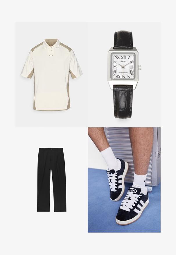 Polo-paita vaaleassa beessä ja kermanvärisessä, jossa on lyhyet hihat, kolme nappia kauluksessa ja kontrastiväriset olkapaneelit, valmistettu sileästä kankaasta.; Mustat housut suoranlahkeisella muotoilulla, valmistettu sileästä kankaasta. Ominaisuuksiin kuuluu etupleateet ja yksi nappikiinnitys vyötäröllä.; Mustat mokkasneakersit, joissa on valkoiset nauhat ja kolme valkoista raitaa. Kengissä on ympyrän muotoinen musta logo kielen päällä ja kuminen pohja.; Harmaa neliön muotoinen kello, jossa on valkoinen kellotaulu, mustat roomalaiset numerot ja teksti "VEDENKESTÄVÄ". Musta nahkaranneke, jossa on teksturoitu pinta.