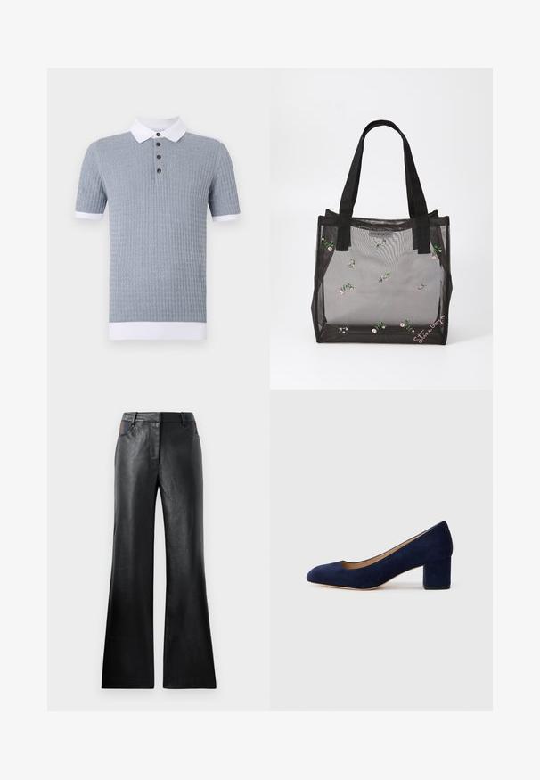 Vaaleansininen lyhythihainen polo-paita, jossa on teksturoitu kuosi, valkoinen kaulus ja kolme ruskeaa nappia. Täydet valkoiset hihansuut hihansuiden päässä.; Musta nahkainen leveälahkeinen housut, joissa on samettinen pinta, mukanaan kaksi etutaskua, joissa on mustia ja ruskeita yksityiskohtia vyötäröllä.; Navy sininen mokkanahkakengät, joissa on terävä kärki ja keskikorkea lohkare korko. Sileä pinta, jossa on hieno kiilto ja pieni leikkaus etuosassa.; Musta silkkiverkkokassi, jossa on brodeeratut kukkakuviot, tukevat mustat kahvat ja logotagi edessä. Läpinäkyvää materiaalia.
