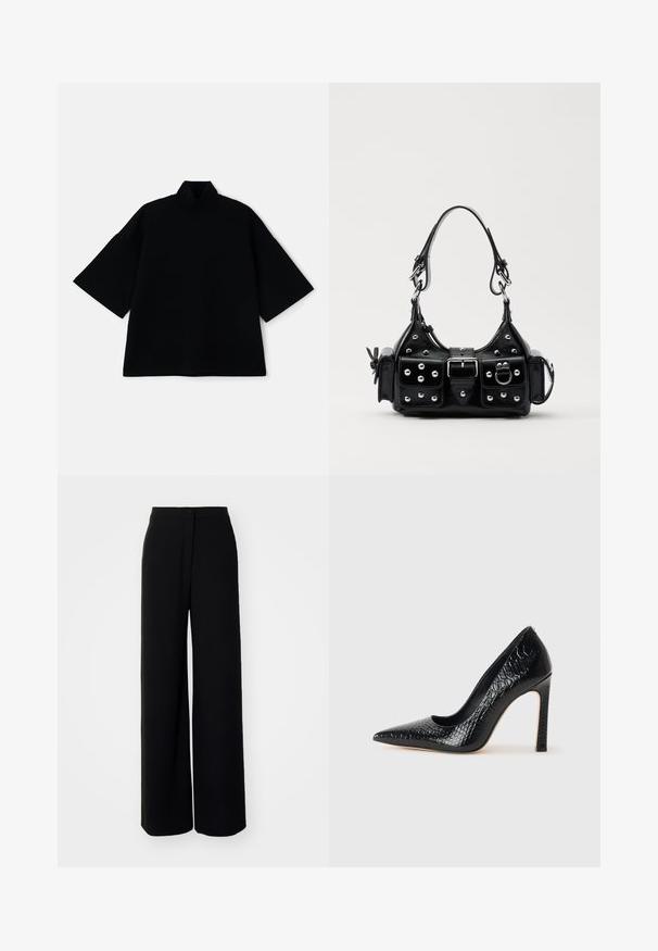 Black loose-fitting top with short wide sleeves and a mock neck design. The fabric appears soft with a smooth texture.; Black wide-leg trousers with a high waist, smooth fabric, front button closure, and no visible pockets, featuring a tailored fit.; Black pointed-toe high heel shoe with a crocodile-skin texture, featuring a sleek design, high stiletto heel, and smooth black interior.; Black leather handbag with a curved design, featuring silver studs, a buckle, and two side pockets. Adjustable strap for carrying options.