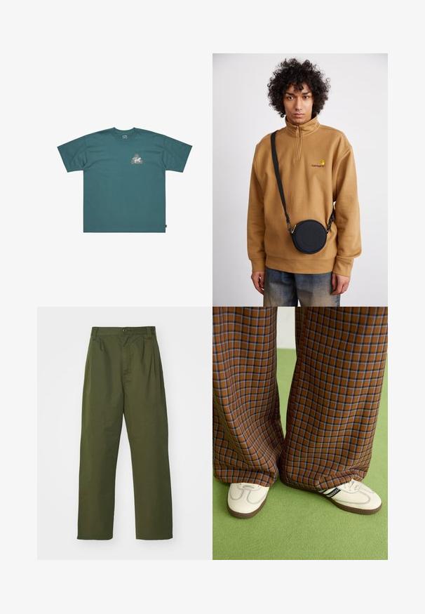 Teal bomulds T-shirt med korte ærmer og løs pasform. Har en trekantet grafik med farverigt design og mærkenavn på brystet.; Olivengrønne, høj talje bukser med lige ben design. Fremstillet af et letvægtsmateriale, med frontplisser og knaplukning.; Brune og blå ternede brede benbukser parret med hvide sko med sorte accenter og strukturerede såler, sat mod en grøn baggrund.; Brun fleece sweatshirt med kvart lynlås og broderet logo, iført en sort rund crossbody taske med lynlås og logodetalje over denim.