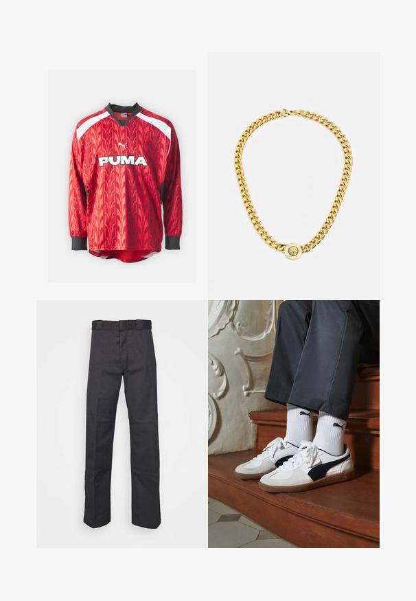 Puma FOOTBALL LONGSLEEVE - Hosszú ujjú felső - intense red; Fekete nadrág tartós anyagból, egyenes szárú kivitelben, övhurkokkal ellátott derékkal és további textúrát adó varratokkal.; Fehér és fekete velúr Puma sportcipők, barna gumitalppal. Fehér zoknival párosítva, amely fekete logót visel, sötét nadrággal kombinálva.; Arany lánc nyaklánc nagy, egymásba fonódó gyűrűkkel, középen egy kiemelkedő emblémával ellátott kört alakító medállal.