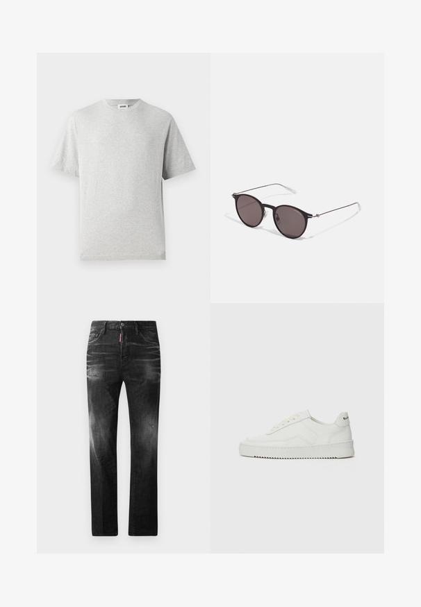 T-shirt grigio a maniche corte realizzato in tessuto morbido. Presenta un collo rotondo, una vestibilità rilassata e nessun motivo o logo. Texture liscia in tutto.; Jeans in denim nero con vestibilità dritta. Presentano aree sbiadite, leggeri segni di usura, classico design a cinque tasche e chiusura con bottone.; Sneaker in pelle bianca con una finitura liscia, punta rotonda, lacci piatti e suola testurizzata. Presenta un logo discreto sul tallone.; Occhiali da sole neri rotondi con lenti scure e sottili bracci in metallo. Include punte trasparenti e accenti argentati alla cerniera. Design minimalista.