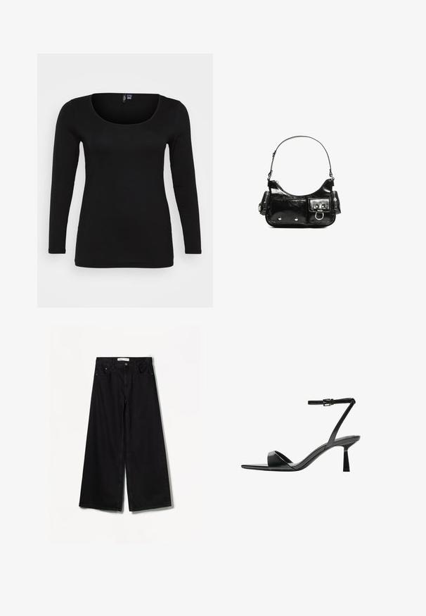 Schwarzes Langarmtop mit Rundhalsausschnitt, aus glattem Stoff mit minimalen Nähten. Figurbetonte Form, ohne Muster oder Verzierungen.; Bershka WIDE-LEG - Wide Leg - black; Bershka High Heel Sandalette - black; Schwarze Lackleder-Handtasche mit geschwungenem Design, einem Schulterriemen, Vordertaschen und silberfarbenen Hardware-Akzenten.